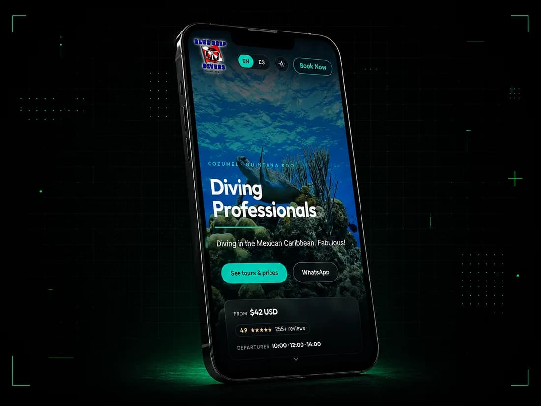 Sitio de Blue Reef Divers, con reservas y salidas, visto en un celular