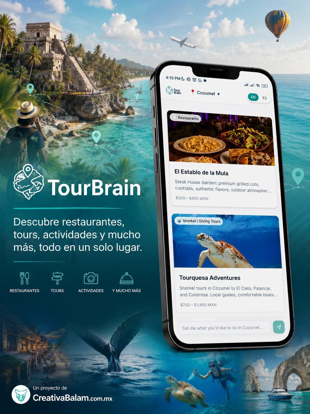 Cartel de TourBrain: guía de negocios y tours de Cozumel con restaurantes, tours y actividades en un solo lugar